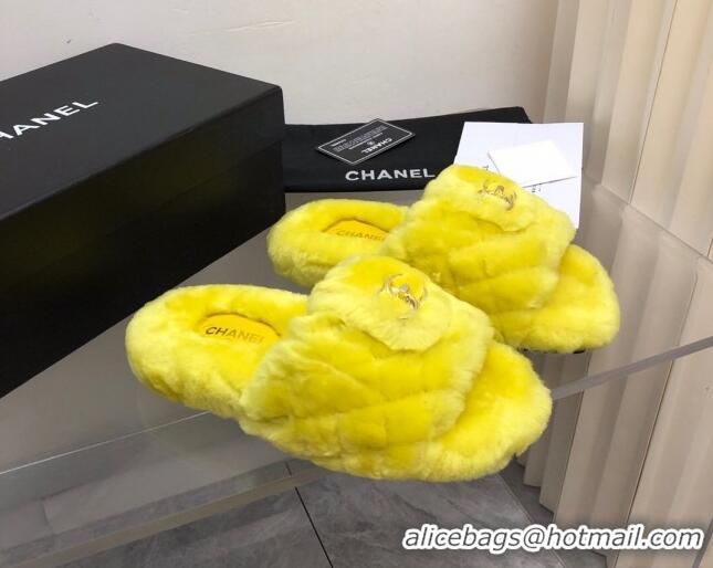 Pretty Style Chanel Quilted Wool Platform Flat Slide Sandals Yellow 112663