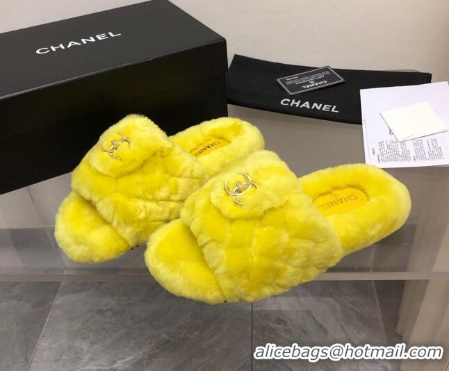 Pretty Style Chanel Quilted Wool Platform Flat Slide Sandals Yellow 112663