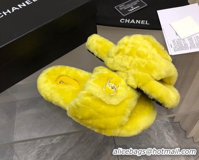 Pretty Style Chanel Quilted Wool Platform Flat Slide Sandals Yellow 112663