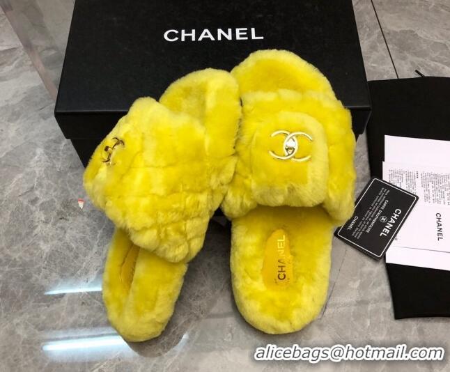 Pretty Style Chanel Quilted Wool Platform Flat Slide Sandals Yellow 112663