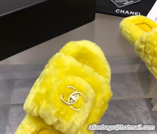 Pretty Style Chanel Quilted Wool Platform Flat Slide Sandals Yellow 112663