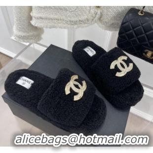 Grade Quality Chanel Fur Flat Slide Sandals with Crystal CC Black 112801