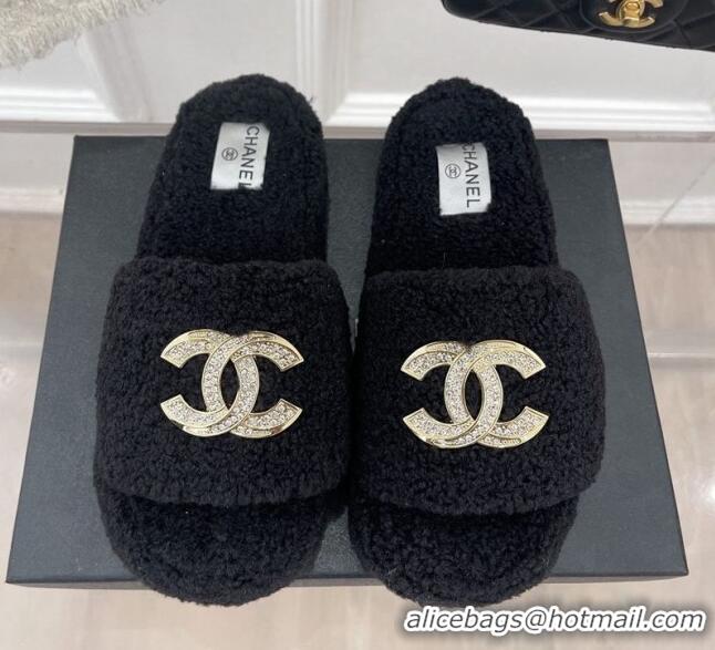 Grade Quality Chanel Fur Flat Slide Sandals with Crystal CC Black 112801