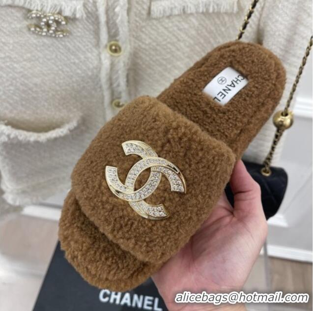 Good Looking Chanel Fur Flat Slide Sandals with Crystal CC Brown 112802