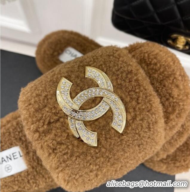 Good Looking Chanel Fur Flat Slide Sandals with Crystal CC Brown 112802