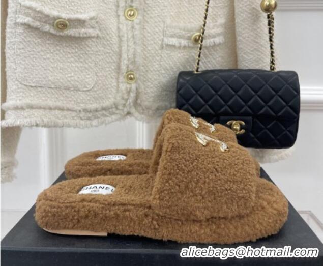 Good Looking Chanel Fur Flat Slide Sandals with Crystal CC Brown 112802