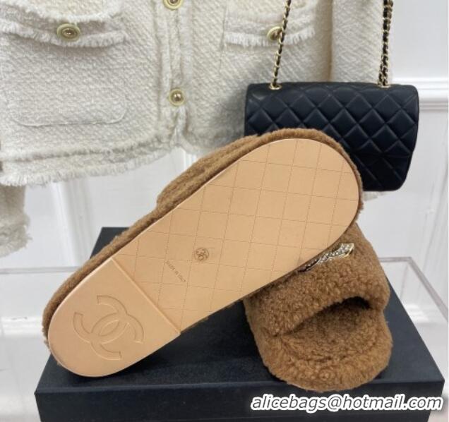 Good Looking Chanel Fur Flat Slide Sandals with Crystal CC Brown 112802