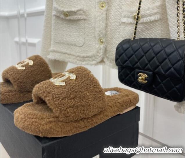 Good Looking Chanel Fur Flat Slide Sandals with Crystal CC Brown 112802