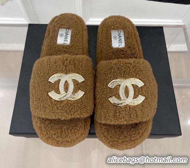 Good Looking Chanel Fur Flat Slide Sandals with Crystal CC Brown 112802