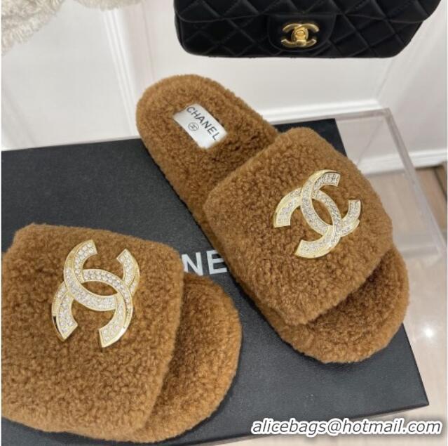 Good Looking Chanel Fur Flat Slide Sandals with Crystal CC Brown 112802