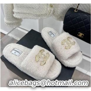 Best Product Chanel Fur Flat Slide Sandals with Crystal CC White 112803