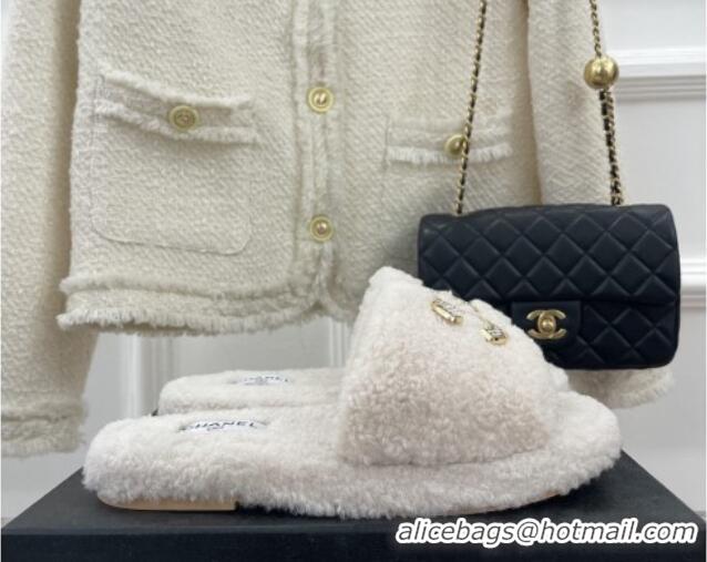 Best Product Chanel Fur Flat Slide Sandals with Crystal CC White 112803