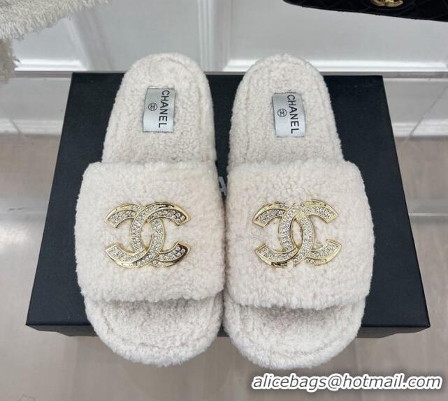 Best Product Chanel Fur Flat Slide Sandals with Crystal CC White 112803