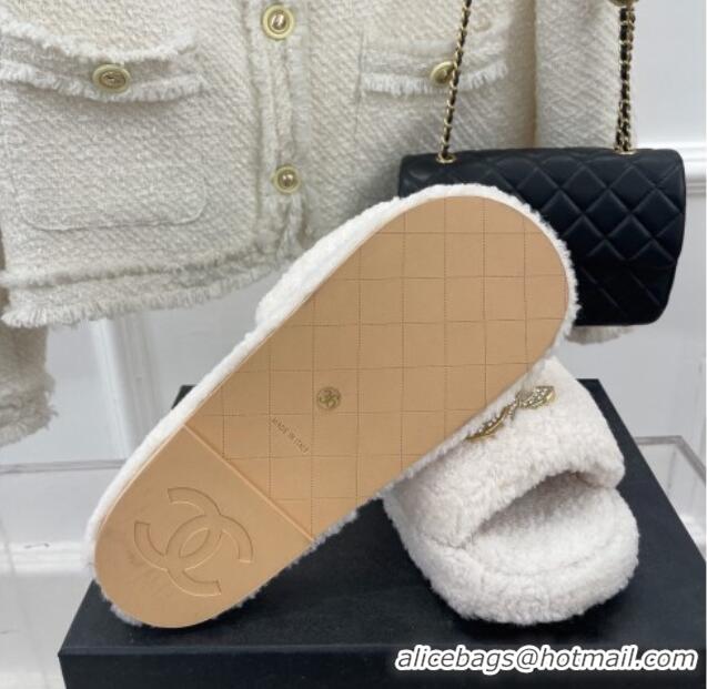 Best Product Chanel Fur Flat Slide Sandals with Crystal CC White 112803