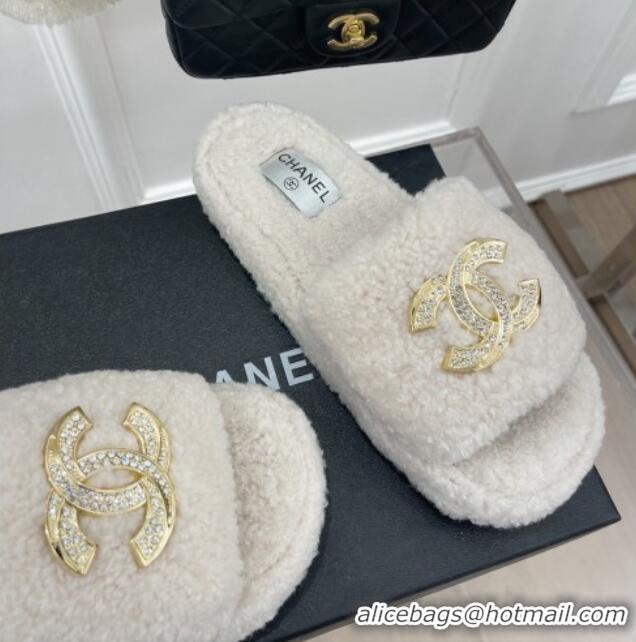 Best Product Chanel Fur Flat Slide Sandals with Crystal CC White 112803