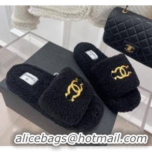 Best Grade Chanel Fur Flat Slide Sandals with Metal CC Black 112804