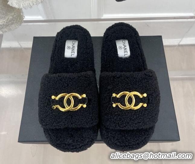 Best Grade Chanel Fur Flat Slide Sandals with Metal CC Black 112804