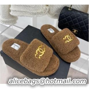 Top Grade Chanel Fur Flat Slide Sandals with Metal CC Brown 112805