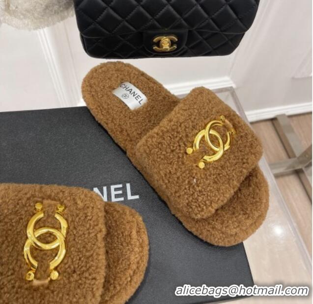 Top Grade Chanel Fur Flat Slide Sandals with Metal CC Brown 112805