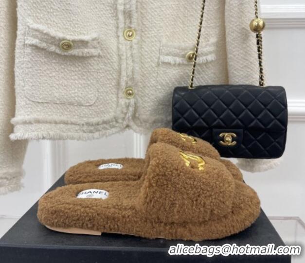 Top Grade Chanel Fur Flat Slide Sandals with Metal CC Brown 112805