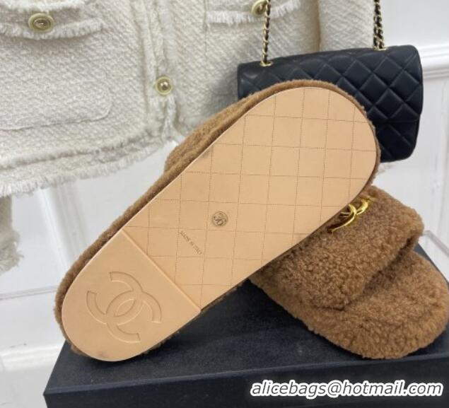 Top Grade Chanel Fur Flat Slide Sandals with Metal CC Brown 112805