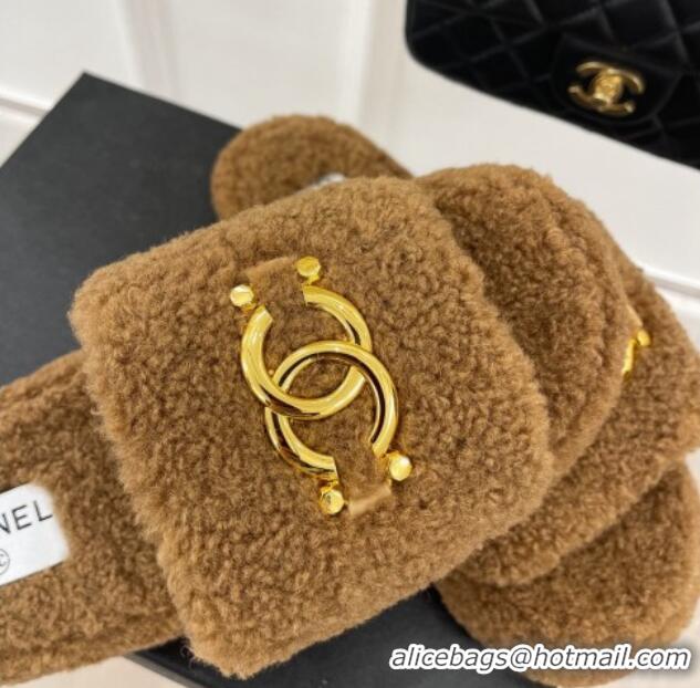 Top Grade Chanel Fur Flat Slide Sandals with Metal CC Brown 112805