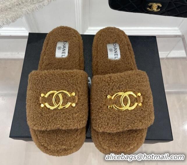 Top Grade Chanel Fur Flat Slide Sandals with Metal CC Brown 112805