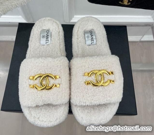 Perfect Chanel Fur Flat Slide Sandals with Metal CC White 112806