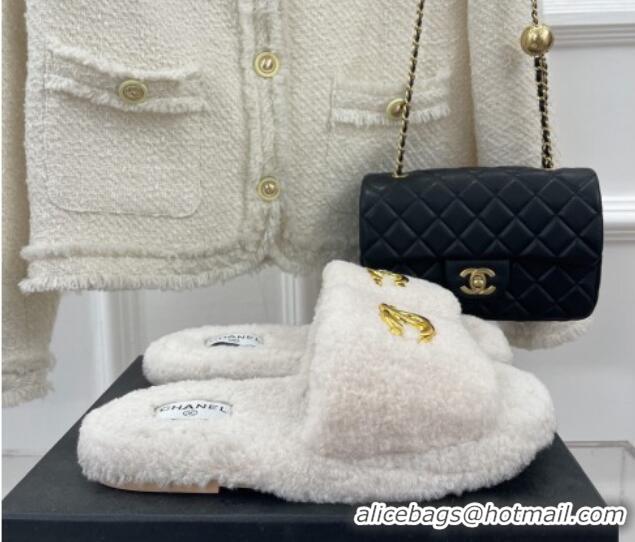 Perfect Chanel Fur Flat Slide Sandals with Metal CC White 112806