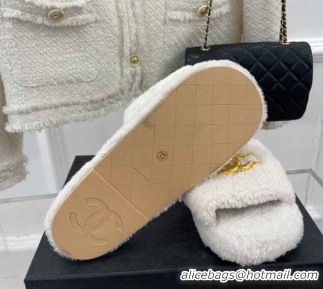 Perfect Chanel Fur Flat Slide Sandals with Metal CC White 112806