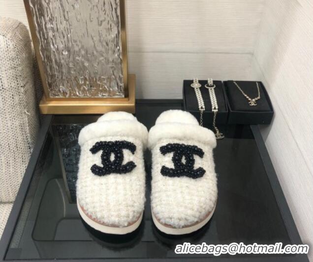 Most Popular Chanel Tweed and Wool Flat Slide Sandals with Pearl CC White 112807