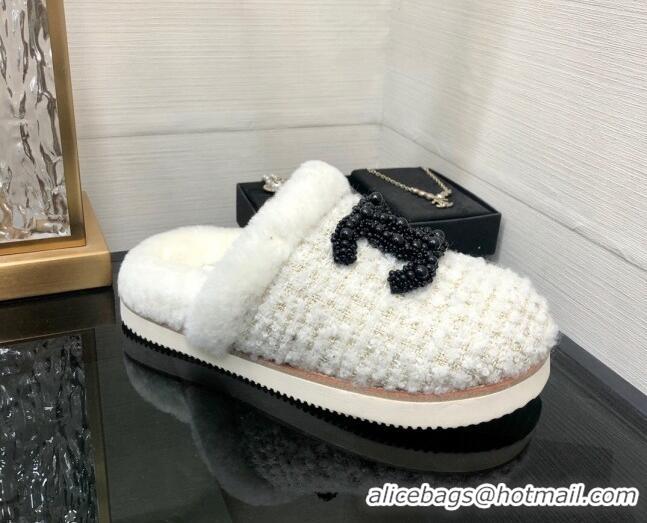 Most Popular Chanel Tweed and Wool Flat Slide Sandals with Pearl CC White 112807