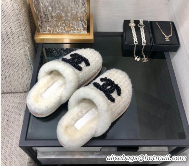 Most Popular Chanel Tweed and Wool Flat Slide Sandals with Pearl CC White 112807