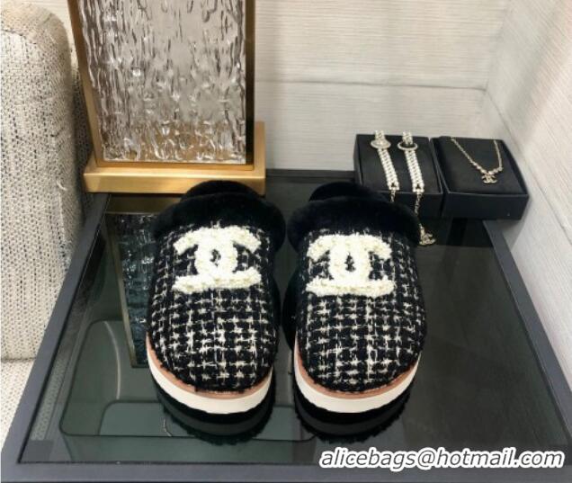 Best Product Chanel Tweed and Wool Flat Slide Sandals with Pearl CC Black 112808