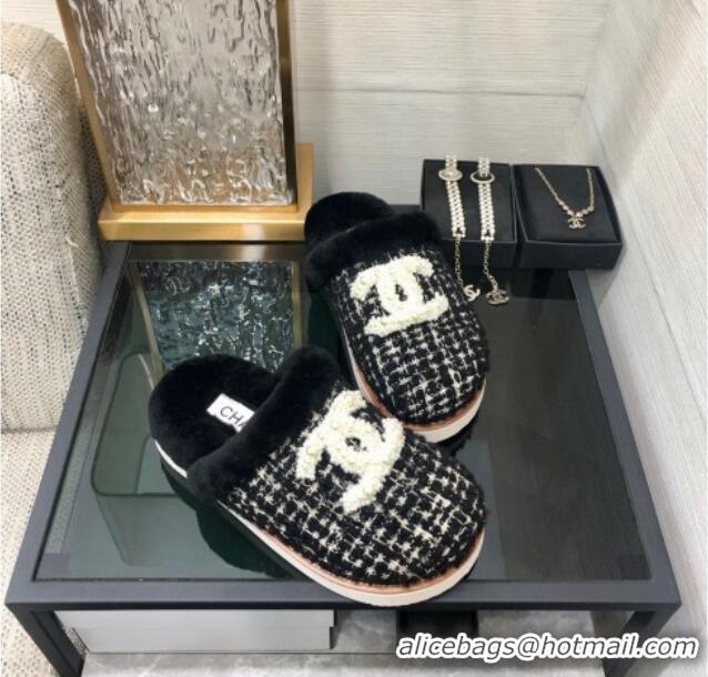 Best Product Chanel Tweed and Wool Flat Slide Sandals with Pearl CC Black 112808