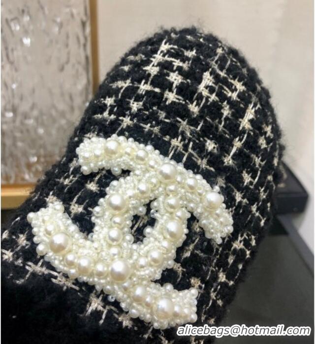 Best Product Chanel Tweed and Wool Flat Slide Sandals with Pearl CC Black 112808