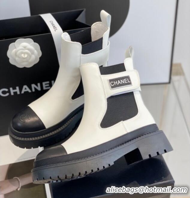 Sumptuous Chanel Calf Leather Ankle Boots with CHANEL Band White 112809