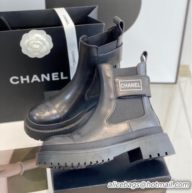 Charming Chanel Calf Leather Ankle Boots with CHANEL Band Black 112810