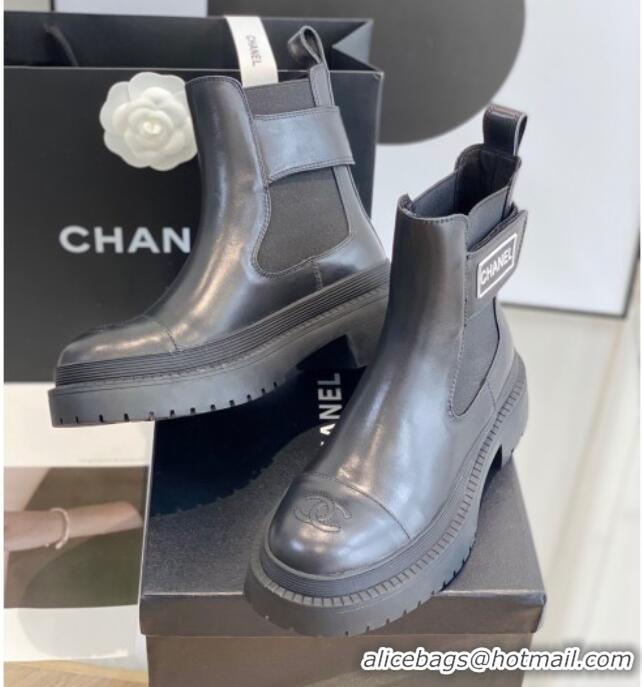 Charming Chanel Calf Leather Ankle Boots with CHANEL Band Black 112810