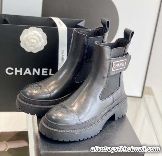 Charming Chanel Calf Leather Ankle Boots with CHANEL Band Black 112810