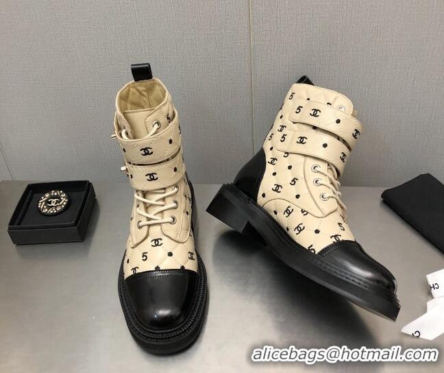 Classic Chanel CC 5 Leather Ankle Boots Beige 112811