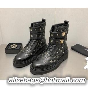 Low Price Chanel CC 5 Leather Ankle Boots Black 112812