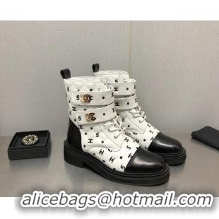 Best Grade Chanel CC 5 Leather Ankle Boots White 112813