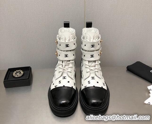 Best Grade Chanel CC 5 Leather Ankle Boots White 112813