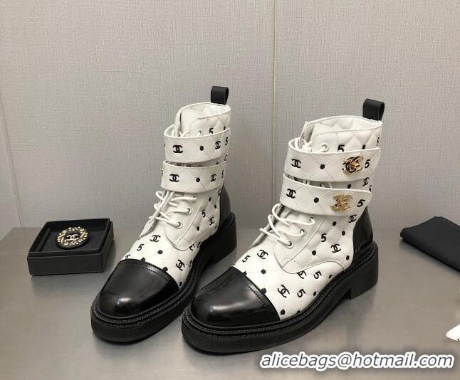 Best Grade Chanel CC 5 Leather Ankle Boots White 112813