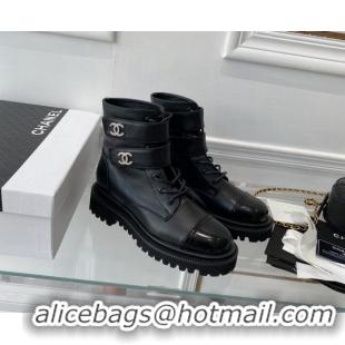 Top Grade Chanel Leather Lace-up Ankle Boots with CC Strap Black 112814