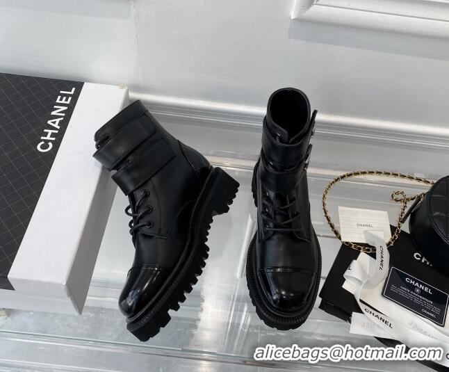 Top Grade Chanel Leather Lace-up Ankle Boots with CC Strap Black 112814