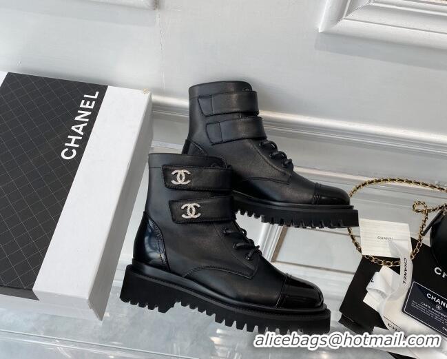 Top Grade Chanel Leather Lace-up Ankle Boots with CC Strap Black 112814