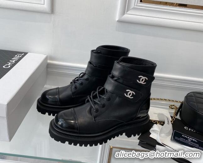 Top Grade Chanel Leather Lace-up Ankle Boots with CC Strap Black 112814