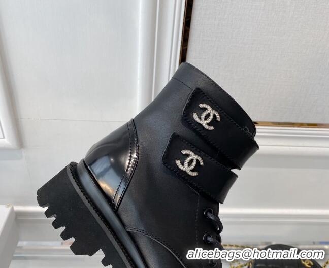 Top Grade Chanel Leather Lace-up Ankle Boots with CC Strap Black 112814